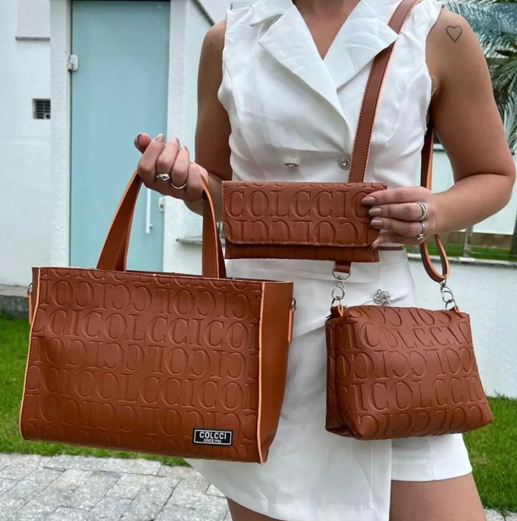 Kit 3 Peças Bolsa de Couro Colcci + Bolsa pequena Tiracolo + Carteira